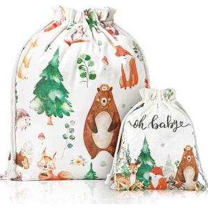 Buryeah 2 Pcs Woodland Animal Baby Shower Drawstring Gift Bags 20/12 Inch Fabric Canvas Party Favor Bags Reusable Gift Wrap for Woodland Baby Shower Gender Reveal Birthday Party