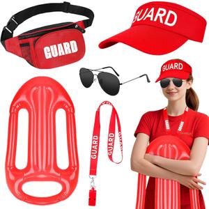 SelfTek 5 Pcs Lifeguard Costume Accessories Set- Lifeguard Hat Guard Whistle Waist Bag Sunglasses Inflatable Float Prop Life Guard Costume Fancy Dress for Women Men Beach Pool Halloween Party Dress Up