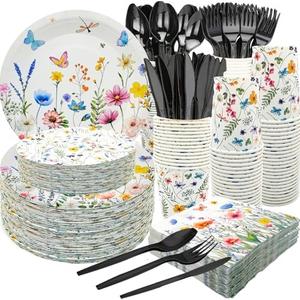 175Pcs Wildflower Party Supplies Spring Floral Wedding Birthday Decorations Include Wildflower Plates Napkins Cups Knive Fork Spoon Spring for Summer Picnic Wedding Tea Party Decor,Serve 25