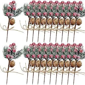 TIHOOD 20PCS 8inch Artificial Christmas Floral Picks, Red Fake Berry Picks Stems, Pine Branches with Pinecones Holly Leaves for Vase Floral Arrangement Wreath Winter Holiday Season Decor Crafts
