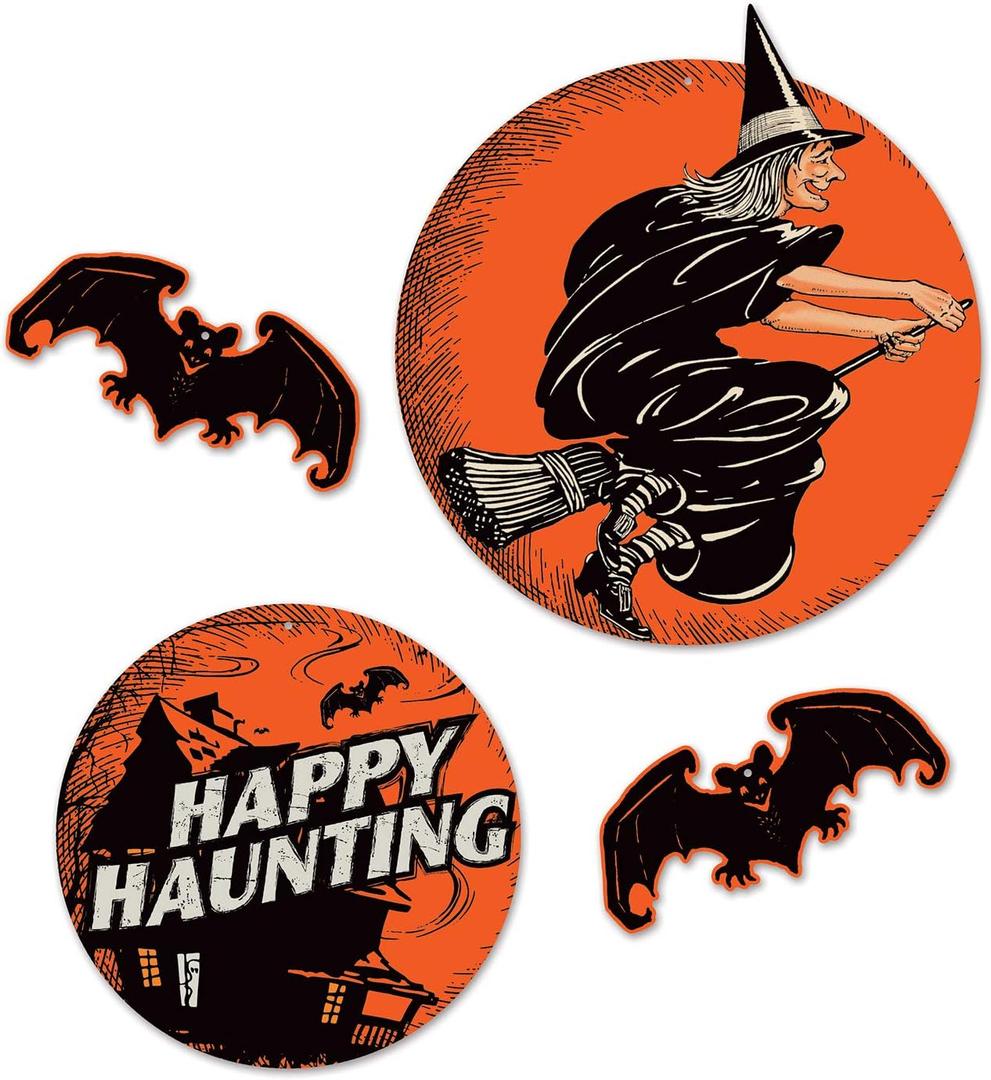 Beistle 4 Piece Vintage Halloween Cut Outs - Retro Haunted House, Witch And Bat Indoor Decorations For Home And Office