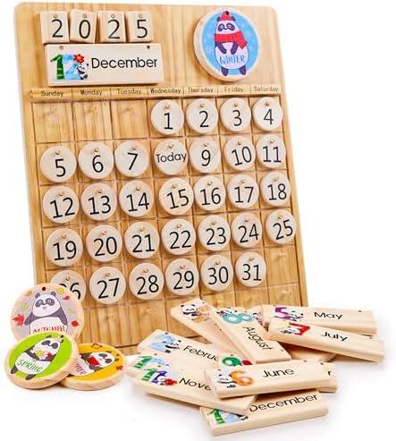 Panda Brothers Wooden Perpetual Calendar - Montessori Toy for Kids Learning Seasons, Months and Days of The Year, Preschool Calendar for Kids Learning at Home and Classroom Teaching, on Desk and Wall