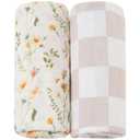 LifeTree Muslin Swaddle Blankets for Baby Girl, 2-Pack 70% Viscose from Bamboo and 30% Cotton Large Swaddle Blankets (47" x 47"), Floral & Dusty Pink Checkered