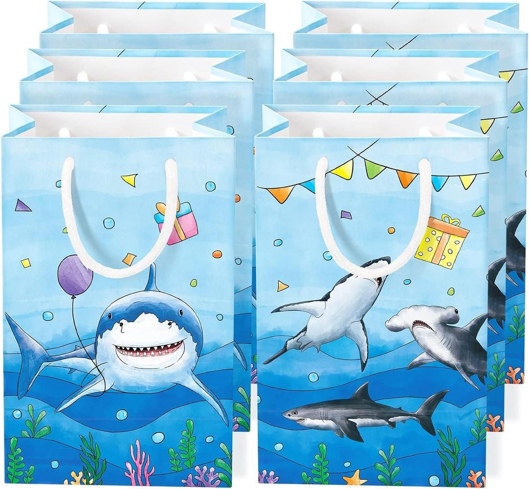 WERNNSAI 16Pcs Shark Party Favor Bags - Blue Shark Birthday Party Gift Bags for Kids Boys Under The Sea Birthday Decorations Shark Goodie Bags with Handle for Baby Shower Summer Sea Party Supplies