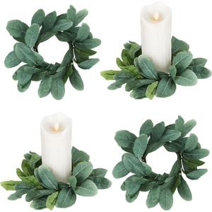 Waydress 4 Pieces Candle Rings Artificial Eucalyptus Leaves Wreaths Small Boho Wreaths Rings Pillar Candle Holder for Wedding Home Door Tabletop Decoration (Cute Leaf Style)
