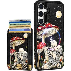 Shorogyt for Samsung Galaxy S25 Plus Cute Kawaii Leather Phone Case - Compatible with Magsafe Wallet Magnetic Credit Card Holder Mushroom Skull Design Phone Cover for Women Girls, Fits 7 Cards