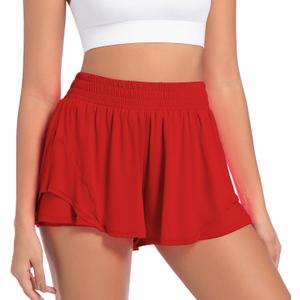 Athletic Running Shorts for Women High Waisted Flowy Shorts Butterfly Summer Gym Workout Golf Active Tennis Skorts (Red, XL)