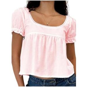 Women Y2k Puff Short Sleeve Top Backless Ruffle Hem Square Neck Fitted Crop Blouse Pleated Solid T Shirt S