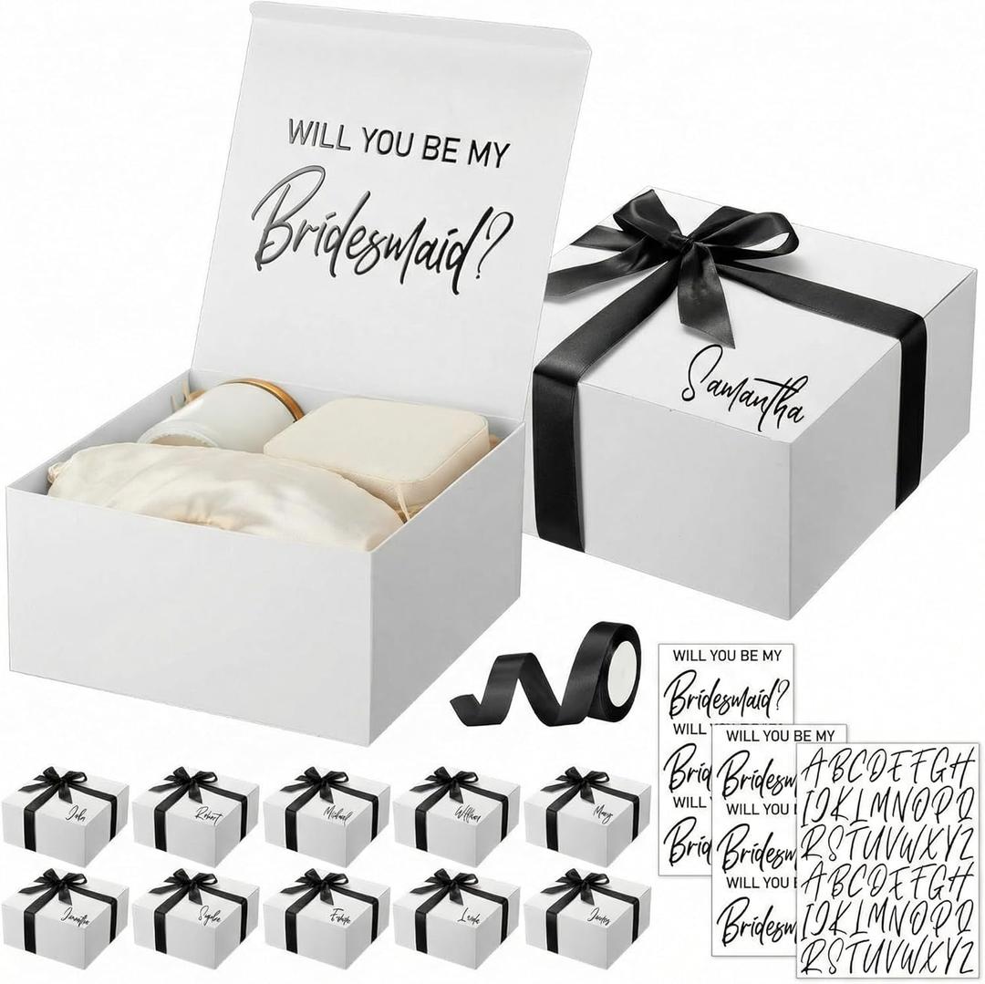 AmazingSpark 8 Sets Bridesmaid Proposal Boxes Will You Be My Bridesmaid Box Wedding Gift Boxes with Lids Name Maid Matron of Honor Proposal Box for Wedding Party Favors (Black)