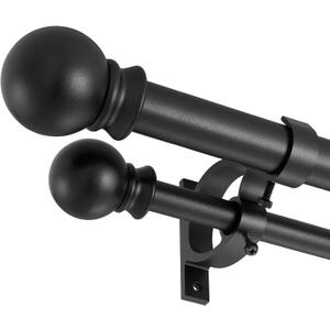Matte Black Double Curtain Rods 36-72 Inch,1Front and 5/8Back Double Drapery Rod with Small Round Ball and Aluminum Brackets, Adjustable Dual Window Rod for Sheer/Blackout Curtains