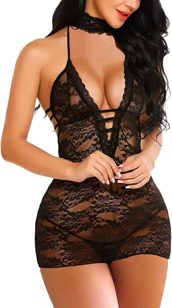 Avidlove Women Babydoll Lingerie Lace Chemise Halter Nightwear Teddy Dress (Small, Black)
