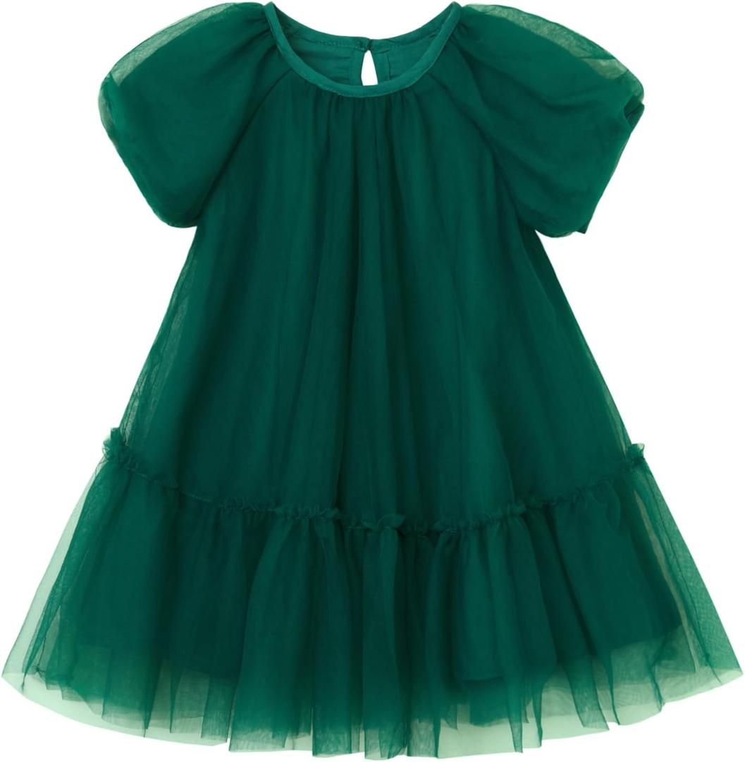 Rysly Toddler Girls' A-Line Tulle Party Dress with Bubble Sleeves Cotton Lining Flowy Layered Play Dress for Kids (2T)
