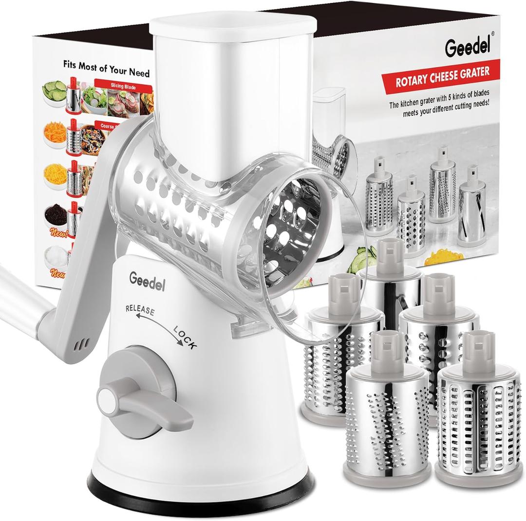 Geedel Rotary Cheese Grater Cheese Shredder - Upgraded 5-in-1 Cheese Grater with Handle and Strong Suction Base, Multi-purpose Vegetable Slicer Ice Shaver Nuts Grinder for Ice, Vegetables, Fruit, Nuts (White)