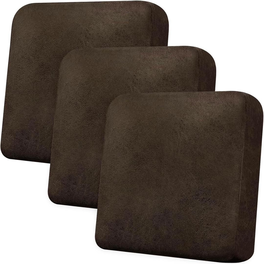 Couch Cushion Covers Leather-Look 3PC Stretch Extra Large Sofa Seat Slipcover Sets Individual Couch Seat Cushion Cover, Pet-Friendly, Non-Slip, Easy Fit - Dark Brown
