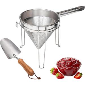 8 inch Stainless Steel Chinois Strainer with Stand, Fine Mesh China Cap Strainer with handle and Pestle for Tomato, Fruit,Soup and Jam Making.