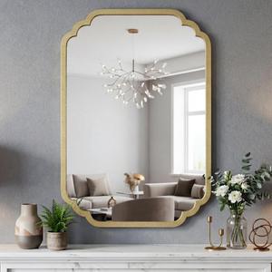 Gold Scalloped Wall Mirror 24"×36" - Modern Minimalist Ornate Rounded Corner Rectangular Decorative Mirror with Metal Frame for Bathroom Vanity, Over Sink, Entryway, Fireplace, Living Room, Hallway