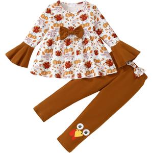 Thanksgiving Girl Outfit Cute Bow Dress Top + Turkey Leggings Fall Clothes 3-8 Years (6-7 Years, Light Brown)