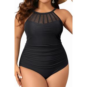 Aqua Eve Plus Size Swimsuit Women One Piece Swimsuit Tummy Control High Neck Bathing Suit Ruched Swimwear Black, 16W