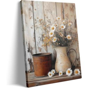 2 x KYSNGMT Farmhouse Wall Decor Rustic Daisy Floral Canvas Wall Art Print | Vintage White Flower in Pitcher Picture Framed Artwork Ready to Hang for Living Room Bedroom Kitchen Country Home Decoration
