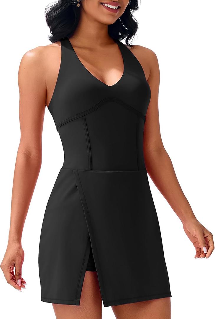 JOYSPELS 2025 Athletic Tennis Dress for Women with Built-in Bra & Shorts Pockets V Neck Spring Summer Dresses (XX-Large, Black)