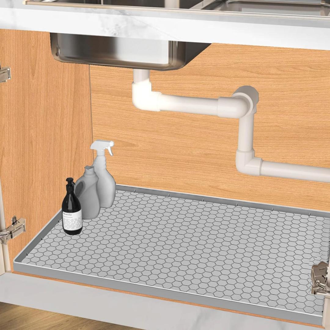 Under Sink Mat 25 x 19, Silicone Under Sink Mats for Kitchen Waterproof, Under Sink Liner, Easy to Clean Bathroom Cabinet Mat Organizers and Storage, Light Grey