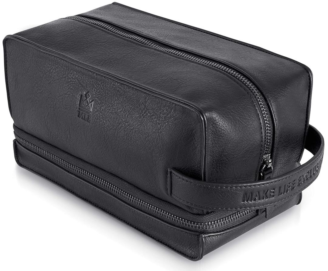 Mens Leather Toiletry Bag  Travel Dopp Kit, Shaving Bag, Grooming & Hygiene Organizer, Leather Toiletry Bag for Men, Gift for Him (Midnight Black)