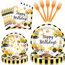 100 Pieces Construction Truck Tableware Set Party Supplies Happy Birthday Yellow Digger Pattern Disposable Plates, Napkins, and Forks Dinnerware for Boys Birthday Construction Theme Celebrations