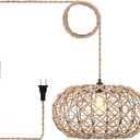 Coastal Large Woven Plug in Pendant Light with 14ft Handmade Woven Light Cord, Rustic Handmade Hemp Rope Hanging Lamp for Bedroom Kitchen Island Farmhouse Dining Room Living Room,17.8 inch Width