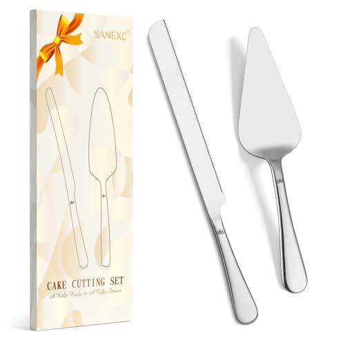 SANEXC Cake Cutting Set for Wedding - Extended Cake Knife And Server Set Thickened Stainless Steel Cake Cutter and Pie Spatula Great for Birthday Anniversary Christmas Gift Silver 2 Pcs