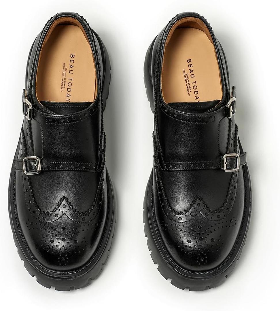 BEAU TODAY Chunky Loafers for Women, Womens Leather Platform Loafers, Lug Sole Tassel Slip On Loafers Shoes Brogues Wingtip Casual Business Shoes Comfortable Dressy (9, Black-2)