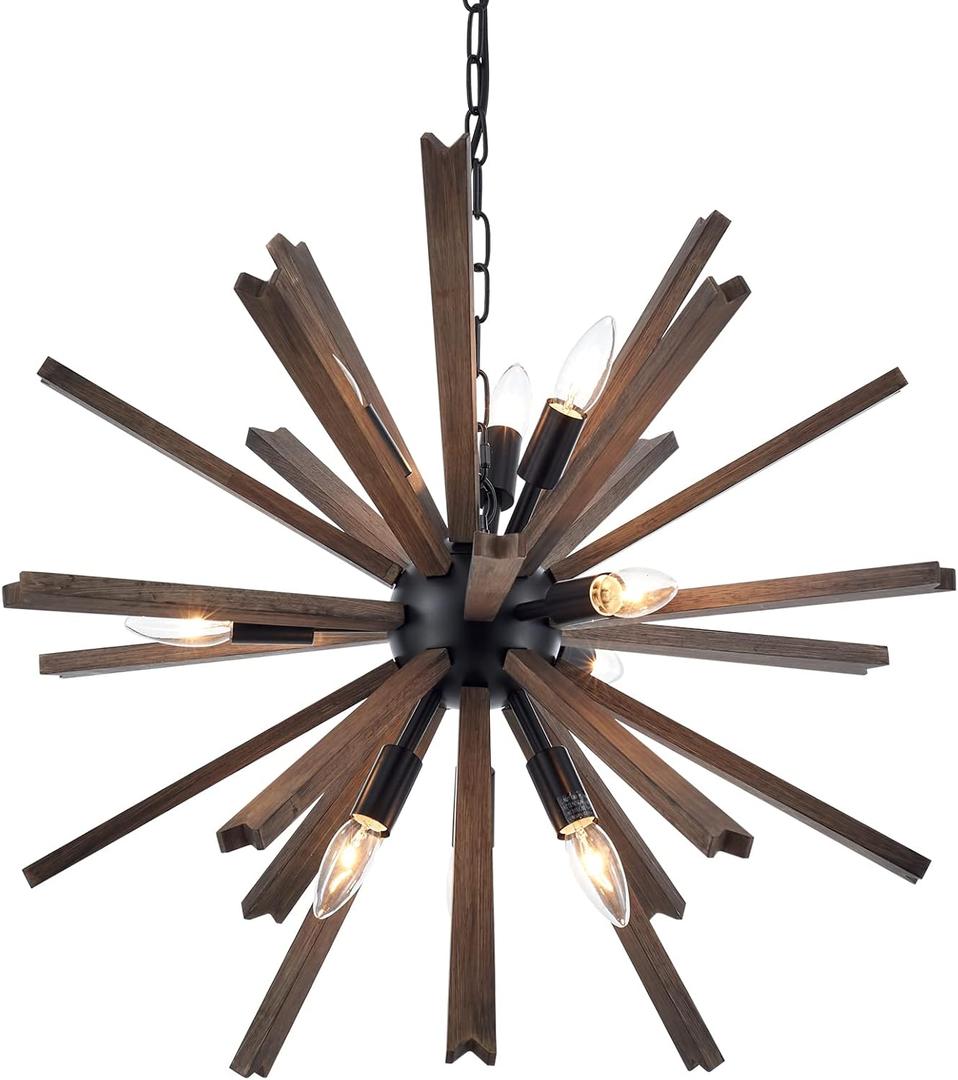 9-Light Sputnik Pendant Light Black, Farmhouse Wood Chandelier for Dining Room Industrial Hanging Light Fixture Ceiling for Bedroom Entryway Kitchen Foyer Living Room