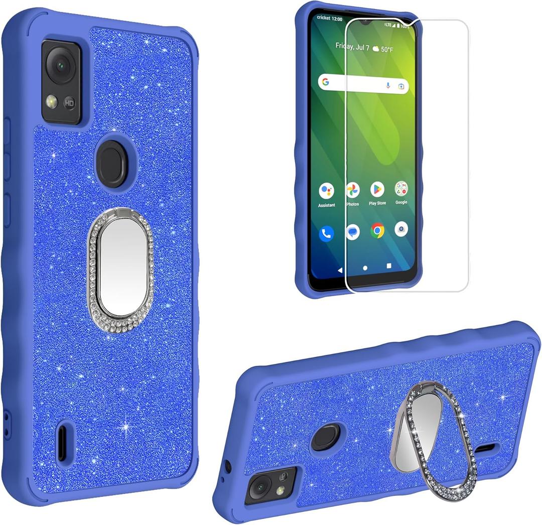 2 x Generic for Cricket Icon 5 Case Compatible with AT&T ATT Motivate 4 Leather Phone Case Cover [with Tempered Glass Screen Protector] [360 Degree rotationRing Support] SF-L, CSK-blue