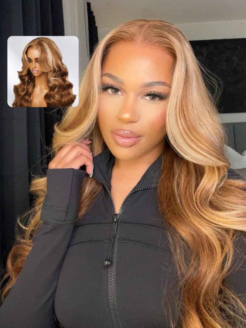 Beauty Forever Bye Bye Knots Glueless Wig Pre Cut 7x5 Honey Blonde Highlight 3D Body Wave Lace Front Wig Human Hair HD Lace Closure Wig Pre Plucked Pre Bleached for Women 150% Density 18 Inch