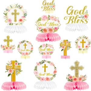 ANGOLIO 12Pcs Floral God Bless Decorations First Communion Honeycomb Centerpiece Double Sided Table Toppers for Baby Girl Baptism Party Decor Christening Celebration Religious Photo Props Decor Girls
