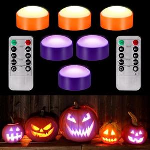 Riakrum 6 Pieces Thanksgiving Day Pumpkin Lights with Remote and Timer LED Pumpkin Lights Battery Operated Pat Jack O Lantern Bright Flameless Candles(Orange, Purple)
