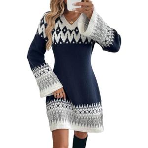 ZAFUL Sweater Dresses for Women 2025 Fall V Neck Long Sleeve Knit Color Block Fair Isle Pullover Sweaters Mini Dress (Small)