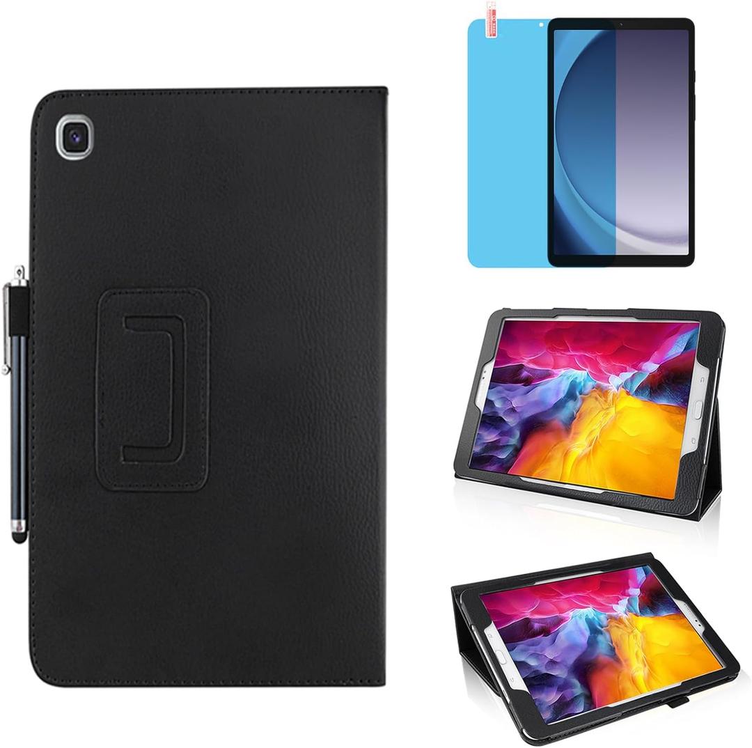 Slim Leather Case for Samsung Galaxy Tab A9 8.7 Inch 2023 (SM-X110 X115 X117), Multi-Angle Stand Full-Protective Tablet Cover Book Case with Stylus Pen,Screen Film (Black)