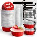 100 PCS 8oz Round Mini Baking Cups with Lids,Mini Loaf Pans with Lids,Disposable Aluminum Foil Ramekins Baking Cups for Birthday Party Weddings (Red, 8oz)