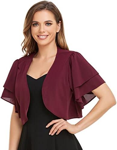 Women Short Sleeve Shrug Cropped Bolero Open Front Chiffon Cardigan for Evening Dress, Size S, Deep Wine Red