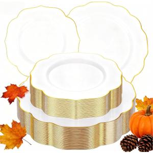 bUCLA 60PCS Gold Plastic Plates - Premium Hard White with Gold Rim Disposable Include 30 Each (10.25inch Dinner & 7.5inch Dessert) Plates, Ideal for Wedding & Thanksgiving