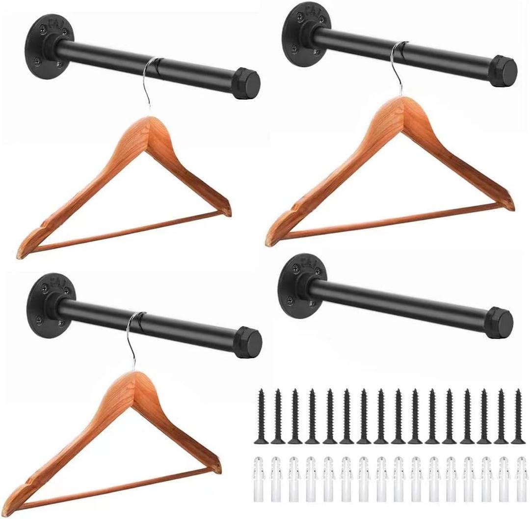 Industrial Pipe Clothing Rack 12 Inch 4 Pack, Wall Mounted Clothes Rack Heavy Duty Rustic Vintage Steel Black Metal Clothing Hanging Rod
