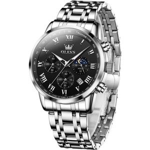OLEVS Mens Stainless Steel Chronograph Watch, Big Face Roman Numerals Date Analog Quartz Dress Watches for Men, Fashion Multifunctional Waterproof Luminous Hands Men's Wristwatch (01 Black Dial/Silver Bracelet)