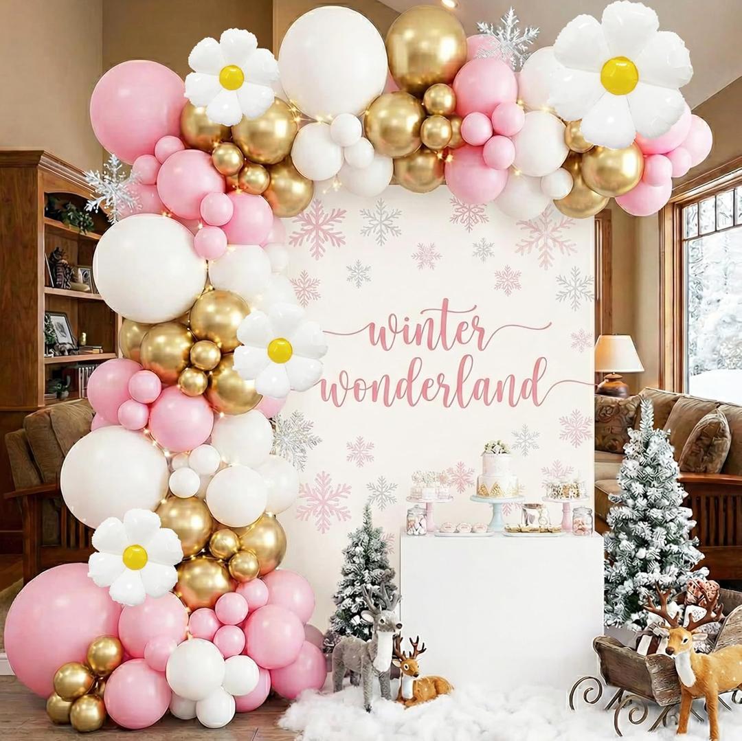 145PCS Pink White Gold Balloon Arch Garland Kit with Daisy Balloons for Winter Onederland Party Backdrop, Christmas Baby Shower, Girl Birthday Decoration, Baptism Arch, Bridal Shower