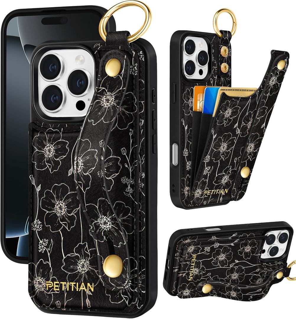 Petitian for iPhone 16 Pro Max Wallet Case - Women Girls Cute Girly Aesthetic Unique Design Leather Credit Card Holder Phone Cover Stand Wristband for iPhone 16 Pro Max, Line Floral