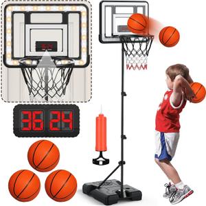 Kids Indoor Basketball Hoop with Scoreboard & Timer,Toddler Adjustable Height Basketball Goal Toy for Outdoor Backyard,Sports Game Play
