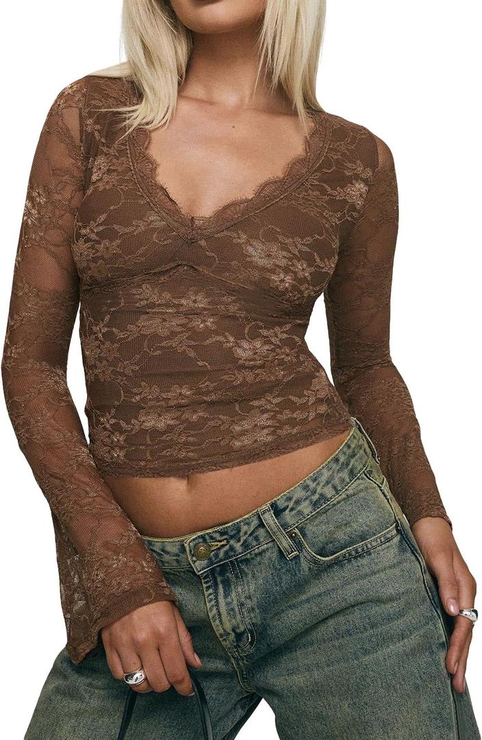 INFITTY Women's Lace Bell Sleeve Crop Tops V-Neck Long Sleeve Shirts Double Lined Slim Fit Blouses Outfits (Medium, Coffee)