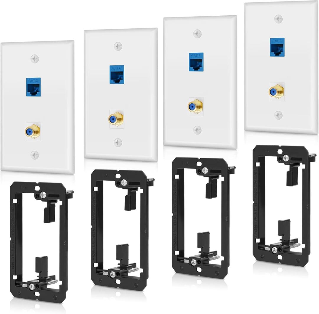 4 Pack Ethernet Coax Wall Plate 2 Port Cat6 RJ45 F Type Keystone Jack Connector with Single Gang Low Voltage Mounting Bracket