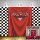 7x5ft Car Black White Grid Red Birthday Themed Backdrops Racing Flag Red Photo Backgrounds for Photography Happy Birthday Party Banner Photo Booth Props