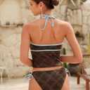 ZAFUL Women's Tankini Sets Halter String Tie Side Thong V Neck Bathing Suit Bowknot Lace Textured 2 Piece Swimsuit (L)