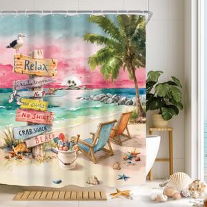Ocean Beach Tropical Palm Tree Pink Sunset Art Bathroom Shower Curtain Set